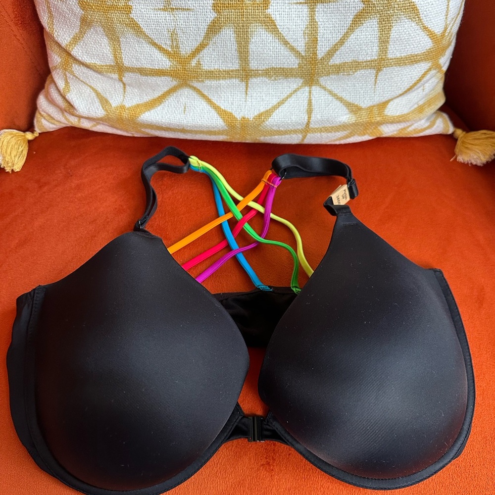 PINK Victoria's Secret Black with rainbow strappy racerback bra